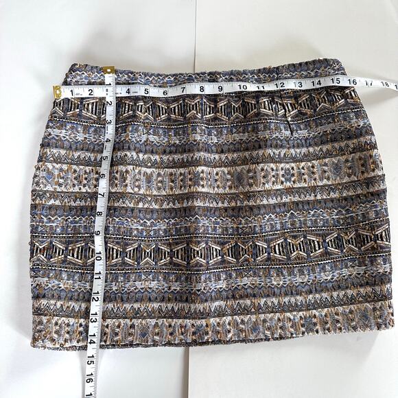 Boho Tribal Embellished Mini Skirt Blue Gold Sequin Elastic Waist - Picture 3 of 5